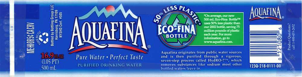 Aquafina Purified Drinking Water Label