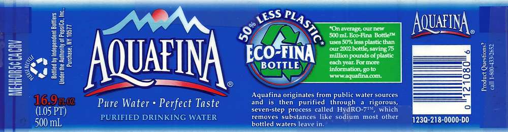 Aquafina Purified Drinking Water Label