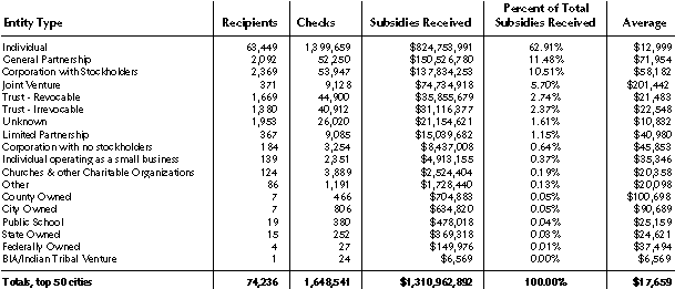 Table showing subsidies by entity type