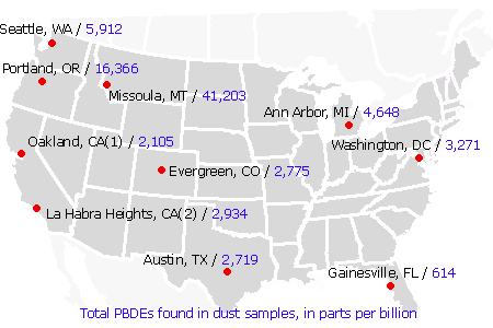 Locations in the US where PBDE has been found in dust parts per billion