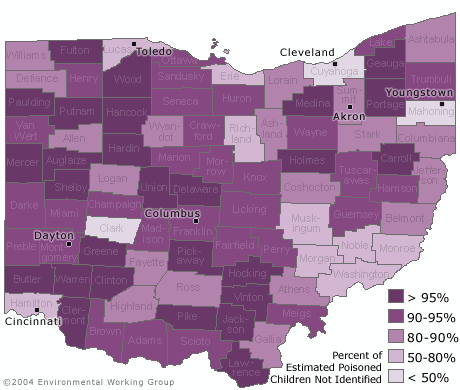 Map showing estimate of lead poisoned children not identified by county in Ohio