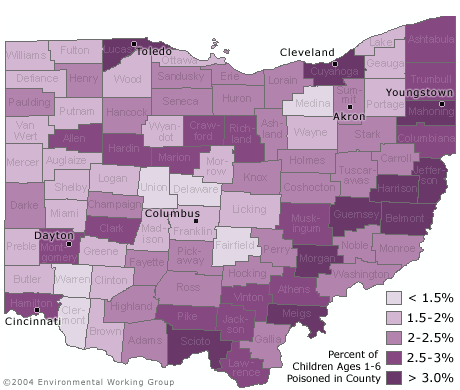 Map showing estimated risk of lead poisoning by county in Ohio
