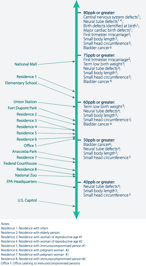 Chart showing health effects at various THM concentrations