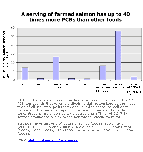 Farmed Salmon has forty times the PCBs that other food have informational graphic