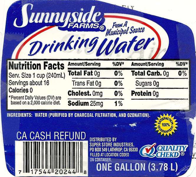 Sunnyside Farms Drinking water Label
