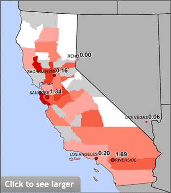 Map of California counties shaded by chromium-6 levels