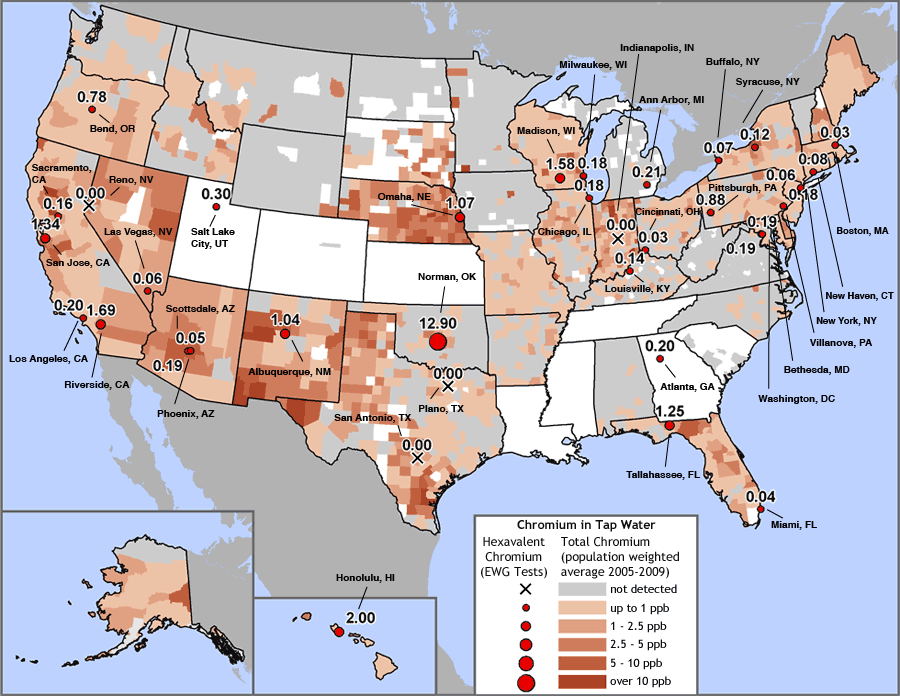 Map of U.S. showing chromium-6 contamination