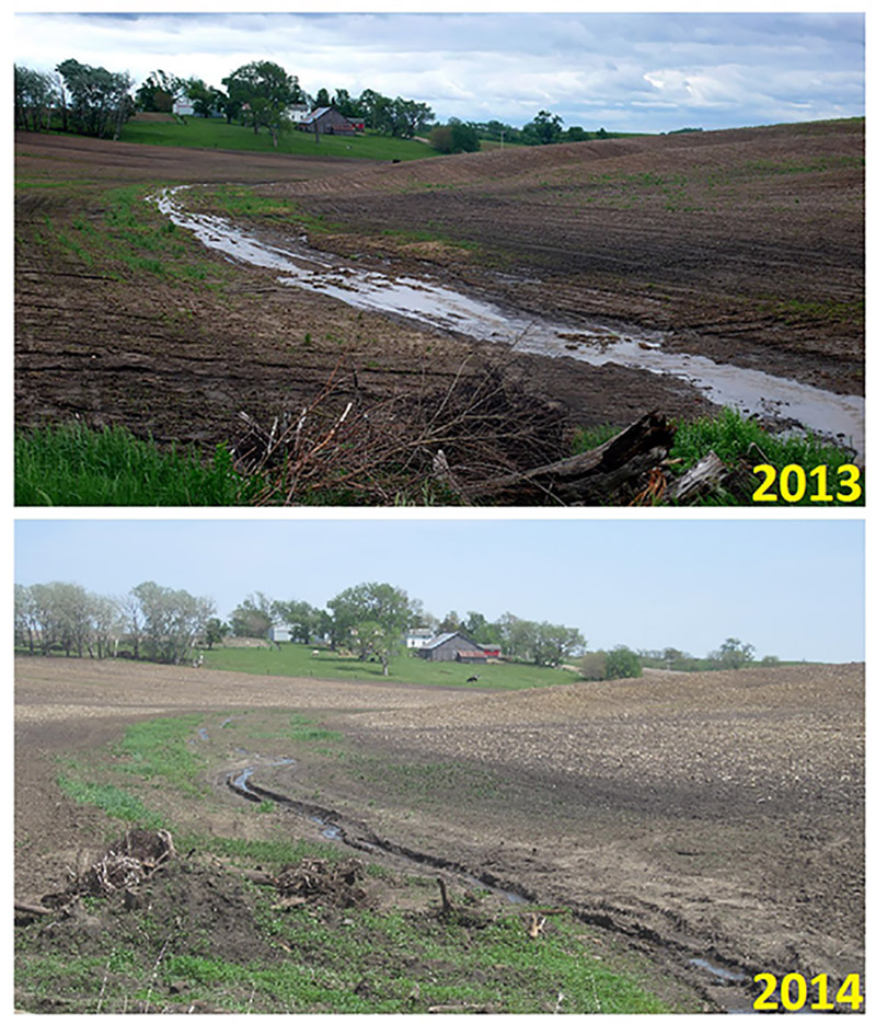 A still-unprotected waterway and gully formed this year.