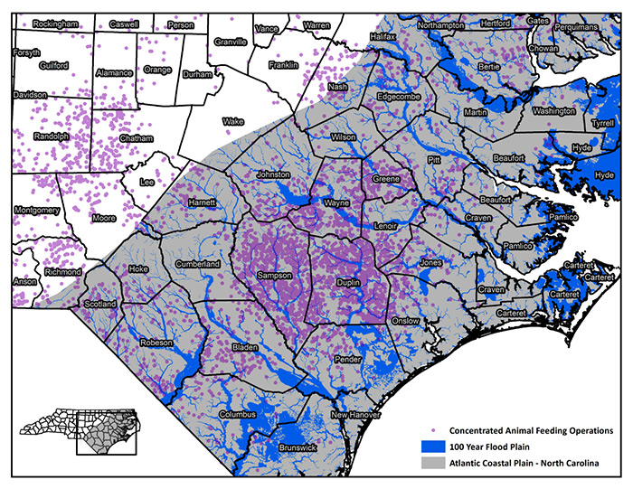 Map Showing Poultry and Swine CAFOs along North Carolina's Coastal Plain