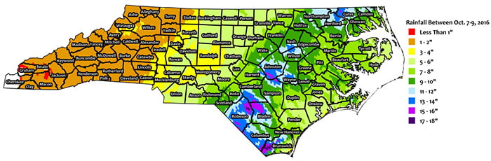 Rainfall map for North Carolina during Hurricane Matthew