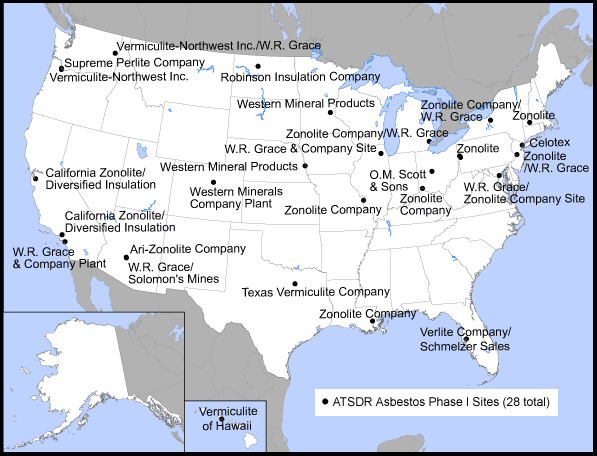 Map showing asbestos-contaminated sites across the U.S.