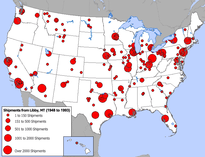 Map showing places that handled shipments of asbestos